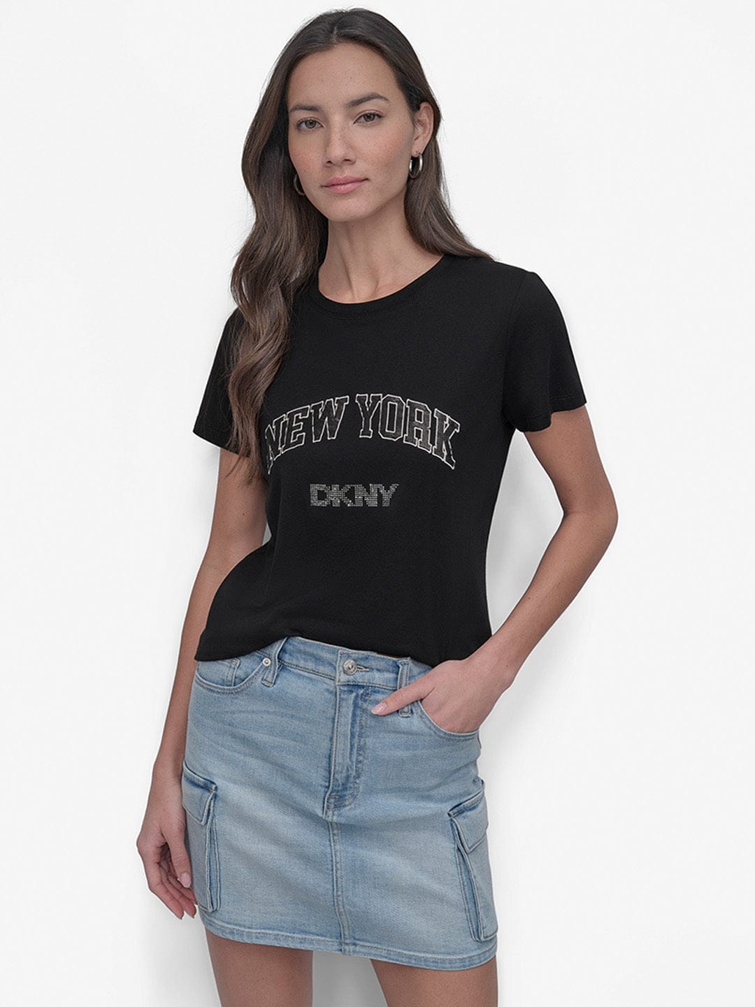 DKNY Women Black Embellished Round Neck TShirt