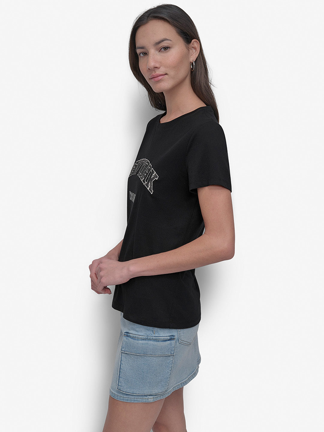 DKNY Women Black Embellished Round Neck TShirt