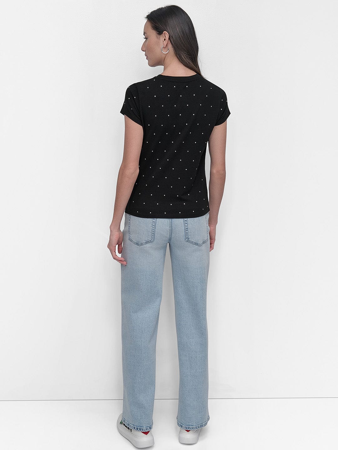 DKNY Women Black Embellished Round Neck Tshirt