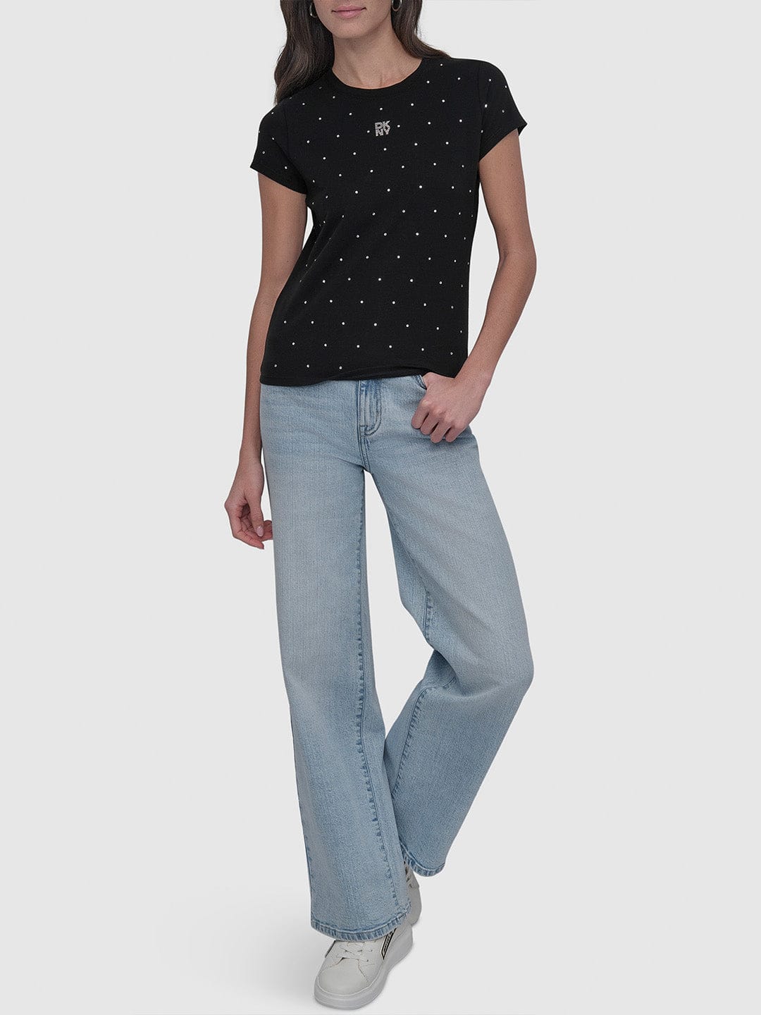 DKNY Women Black Embellished Round Neck Tshirt