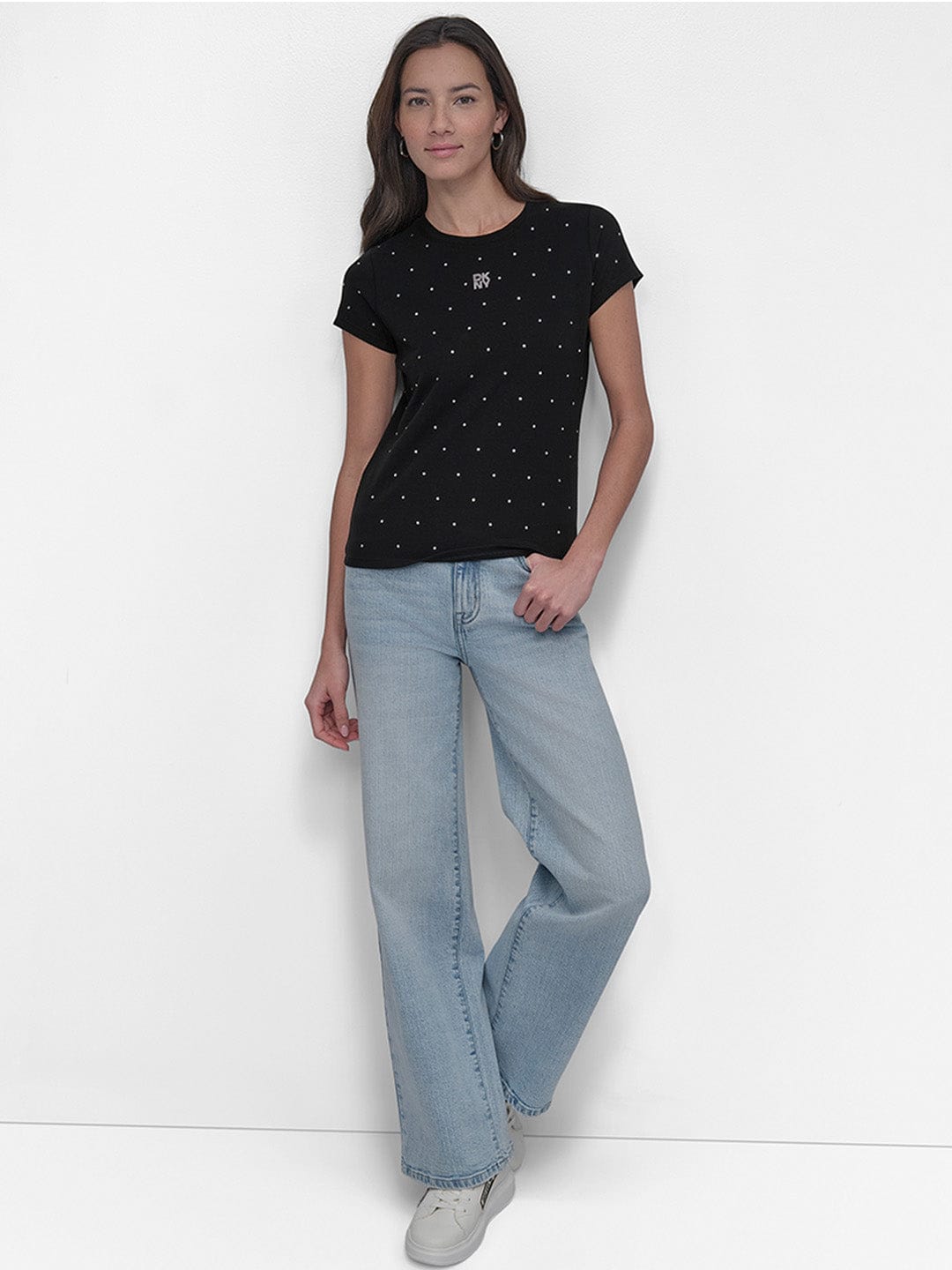 DKNY Women Black Embellished Round Neck Tshirt