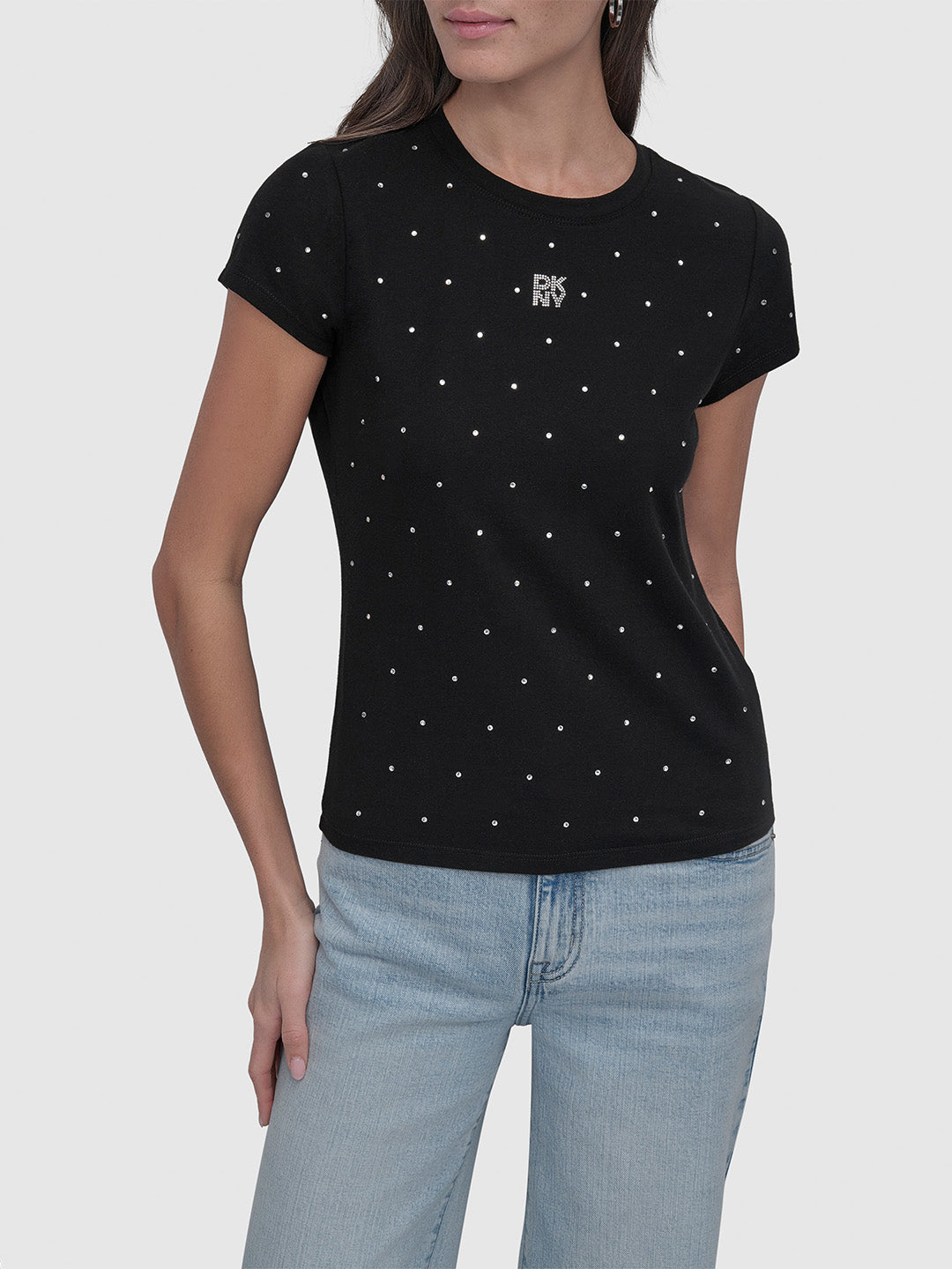 DKNY Women Black Embellished Round Neck Tshirt