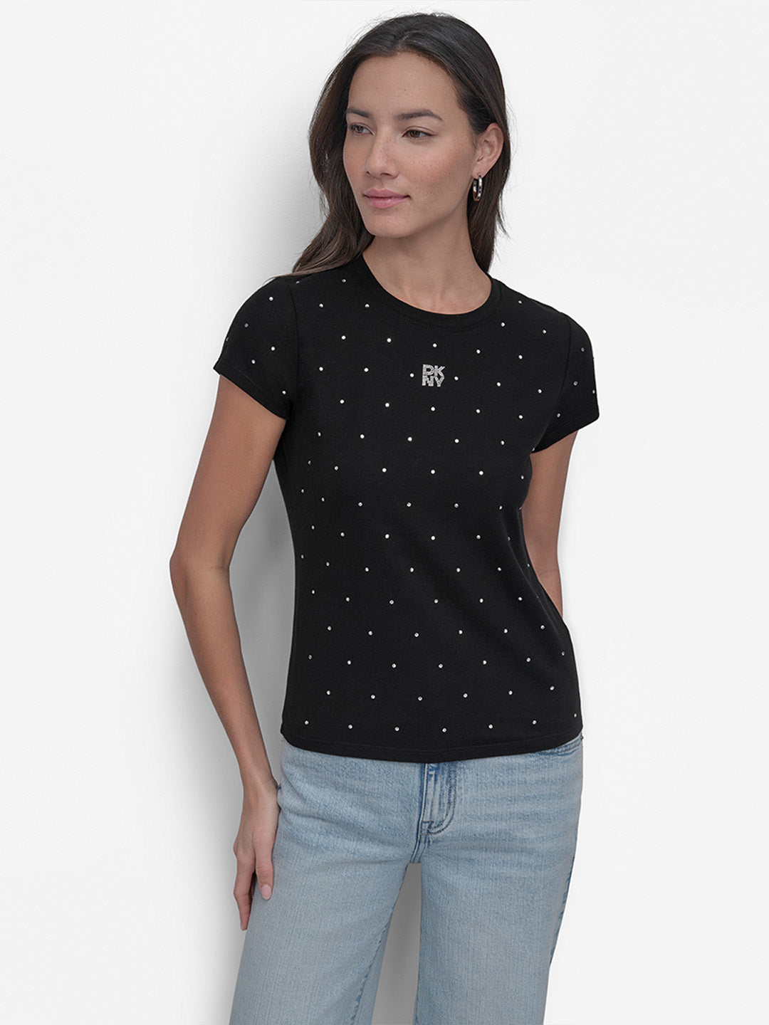 DKNY Women Black Embellished Round Neck Tshirt