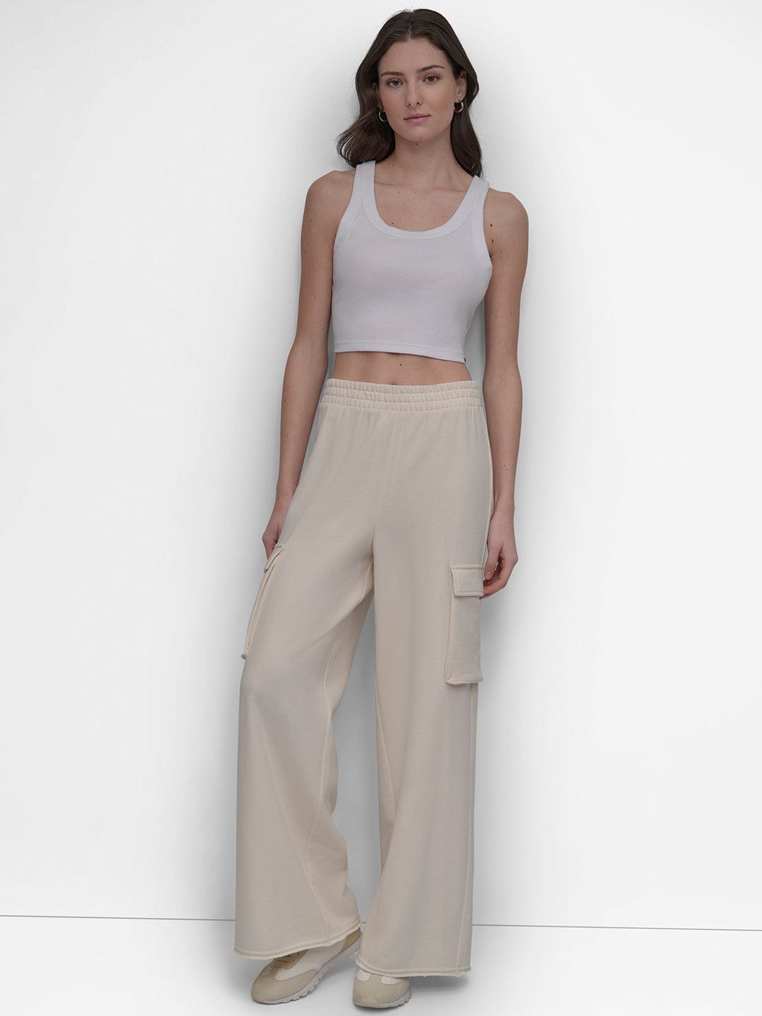 DKNY Women Cream Oversized Fit Solid Trouser