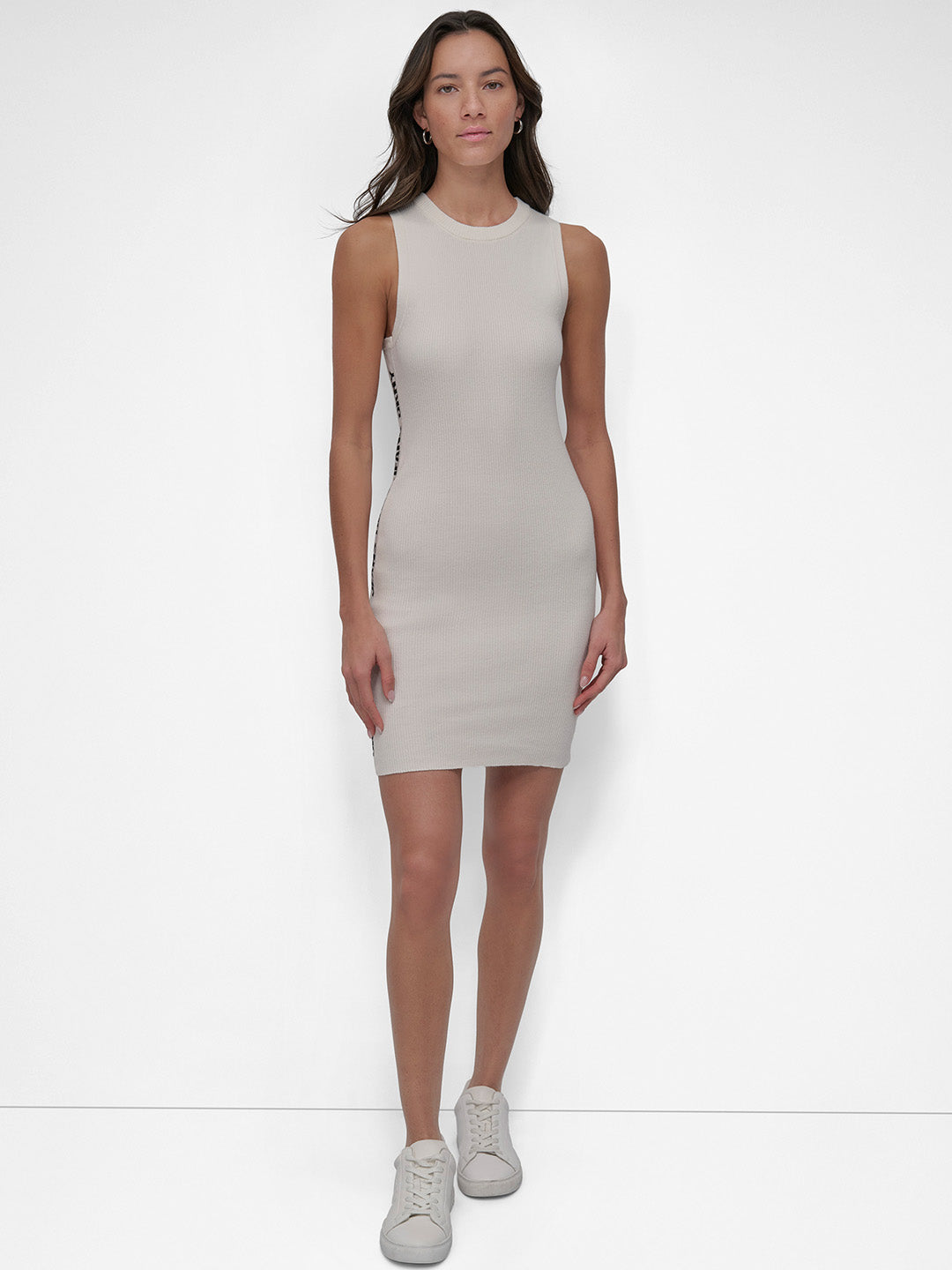 DKNY Women Cream Solid Round Neck Dress