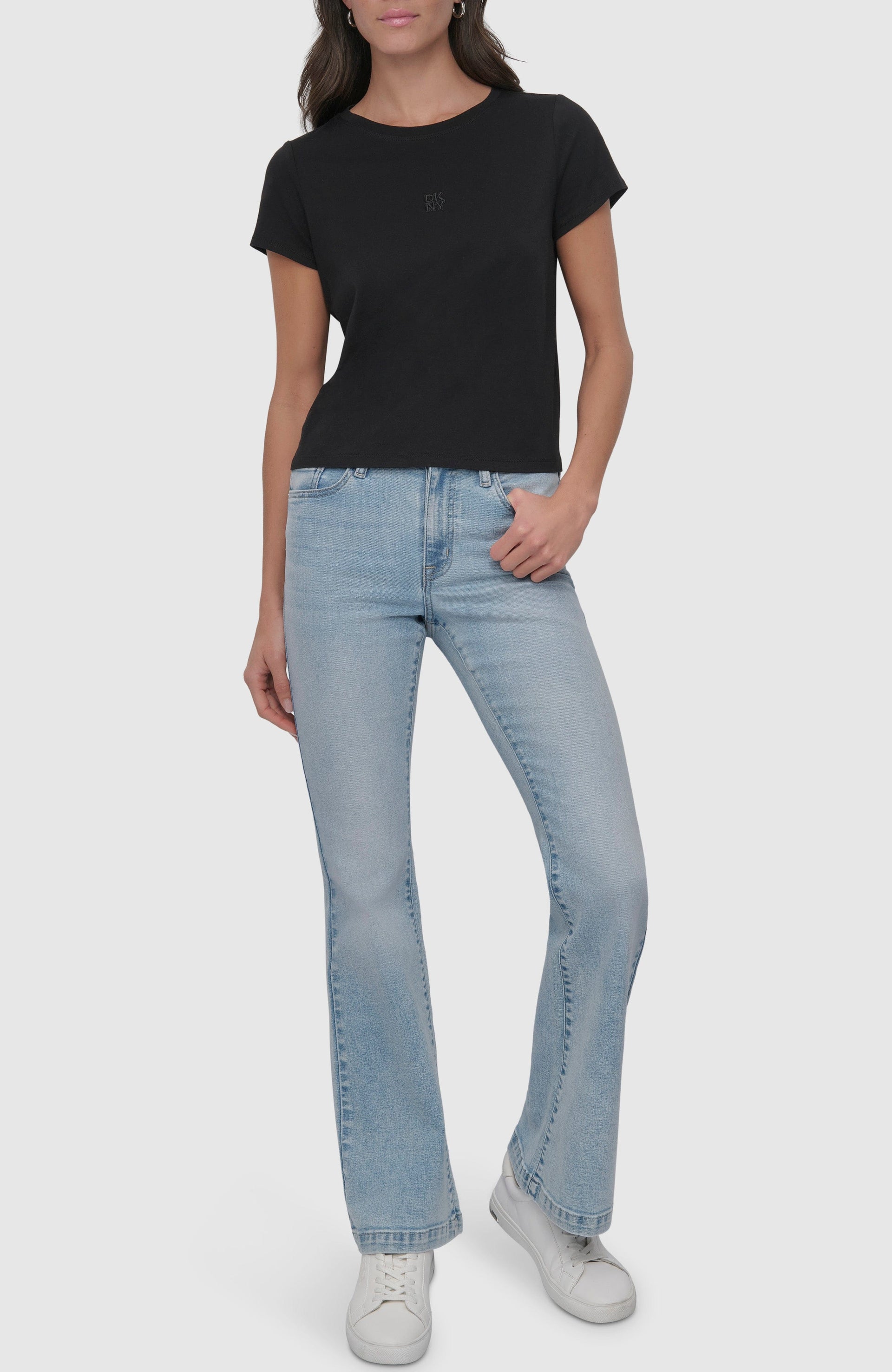 DKNY Women Black Solid Round Neck Tshirt