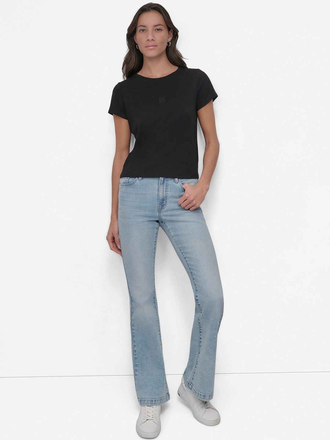 DKNY Women Black Solid Round Neck Tshirt