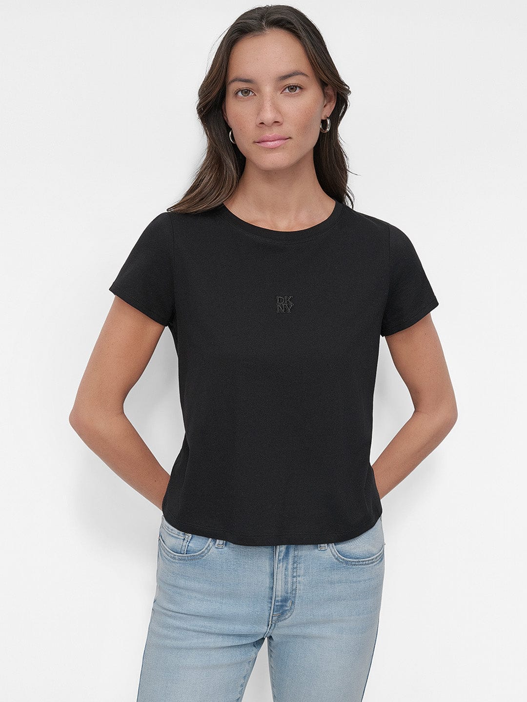 DKNY Women Black Solid Round Neck Tshirt