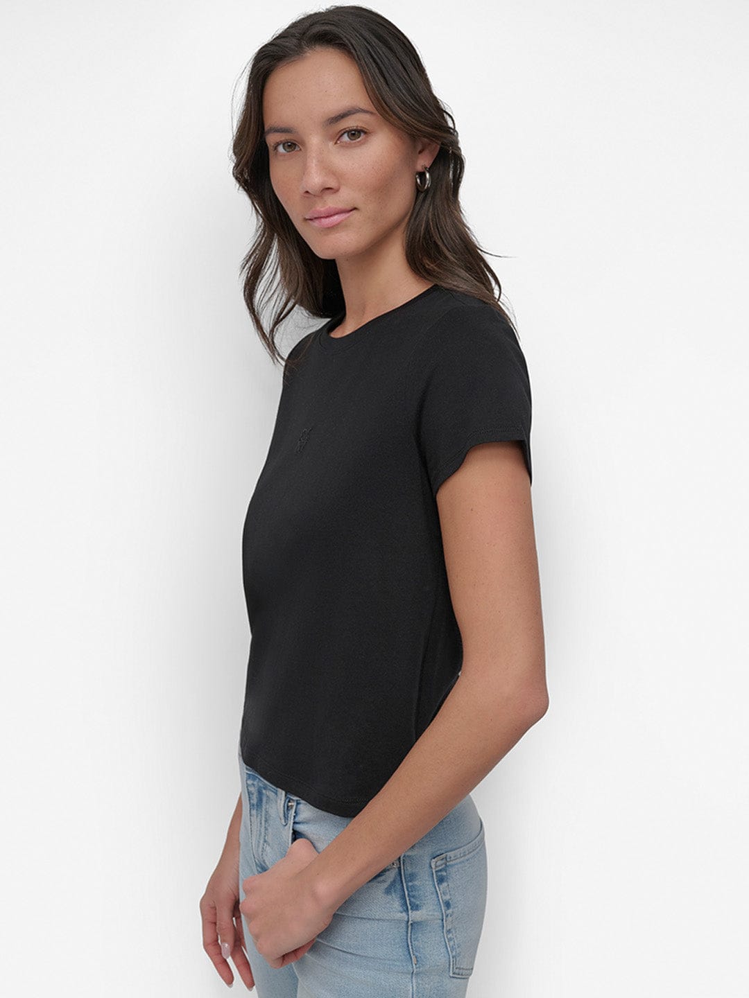DKNY Women Black Solid Round Neck Tshirt