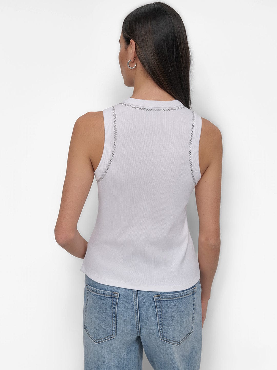 DKNY Women White Embellished Round Neck Top
