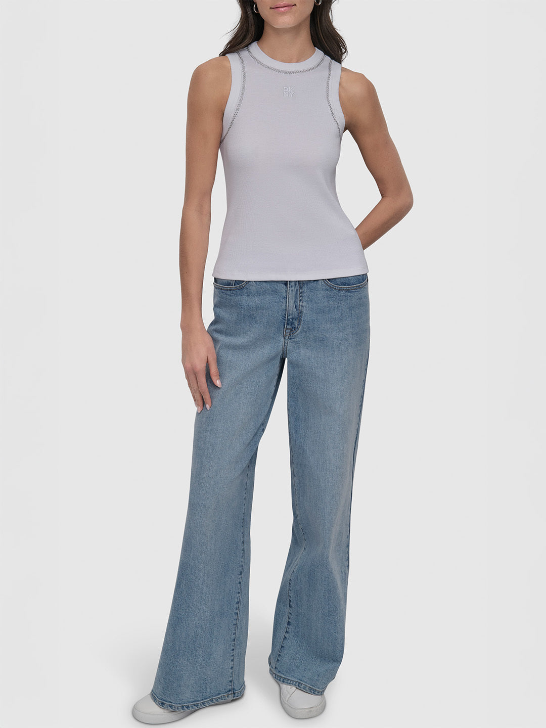 DKNY Women White Embellished Round Neck Top