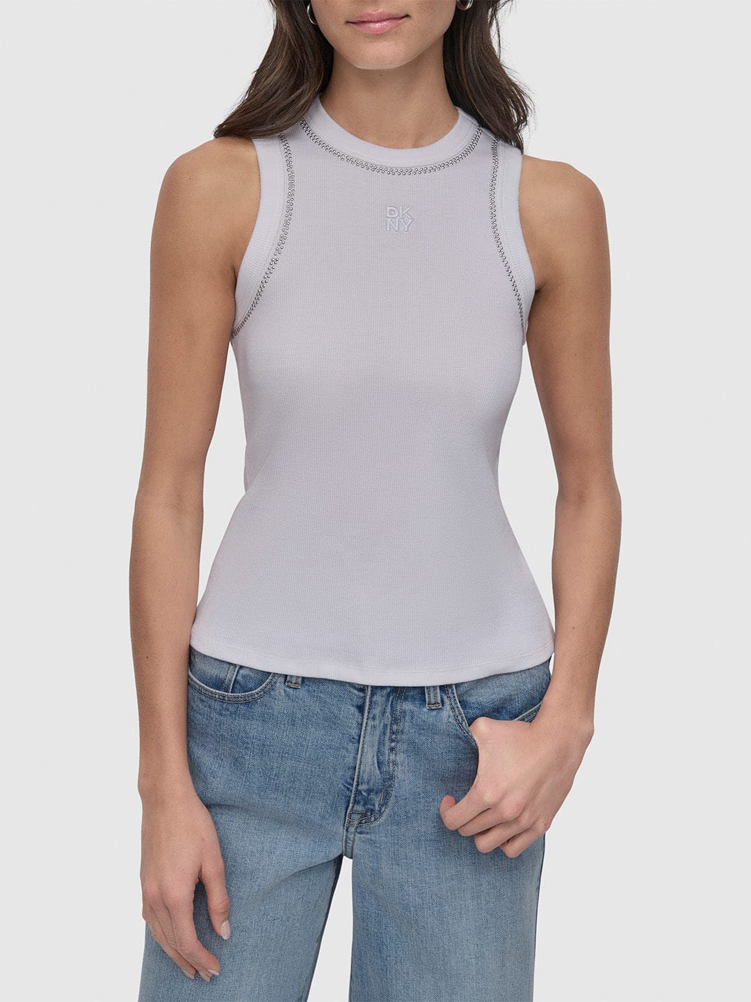 DKNY Women White Embellished Round Neck Top