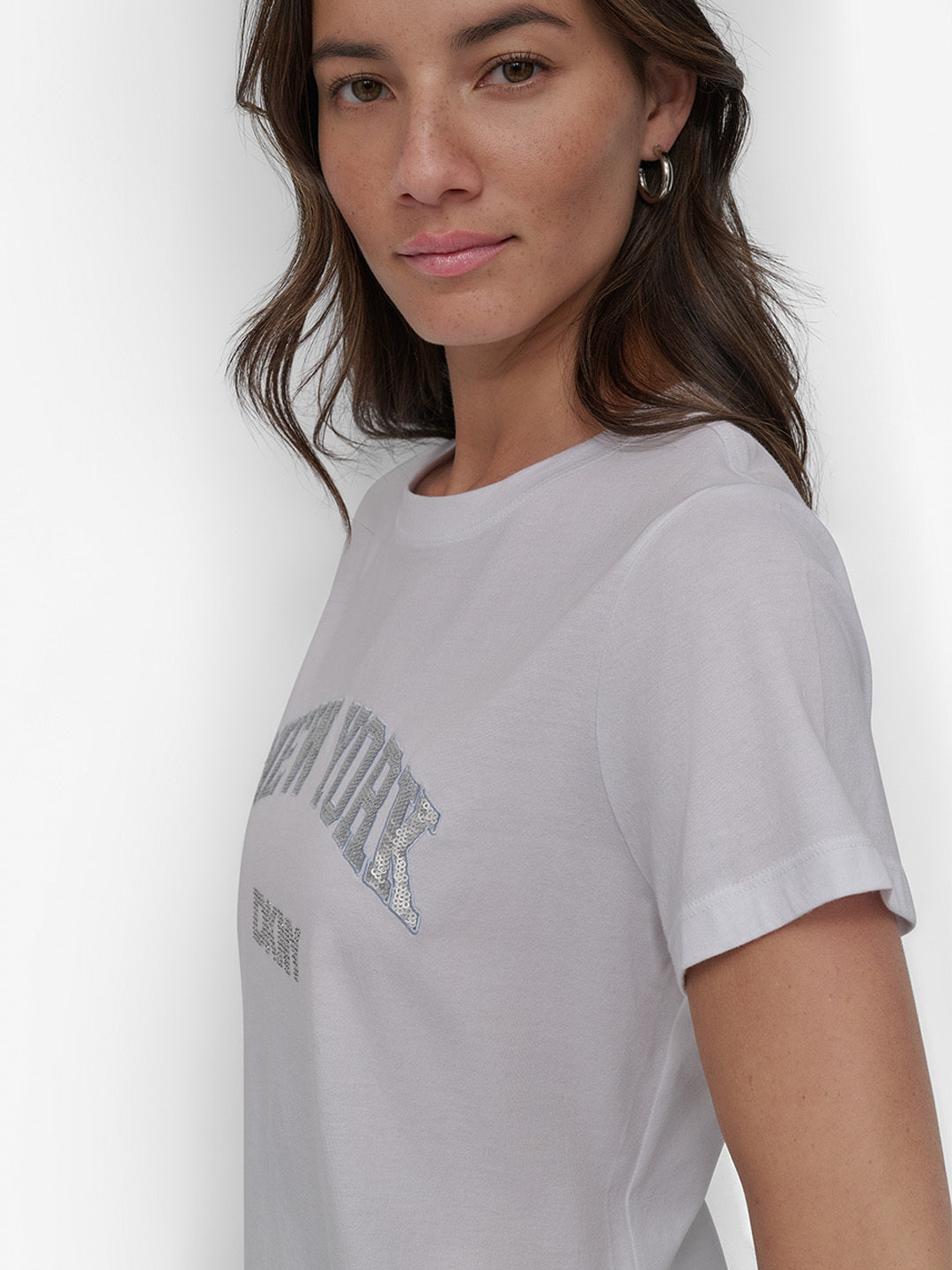 DKNY Women White Embellished Round Neck TShirt