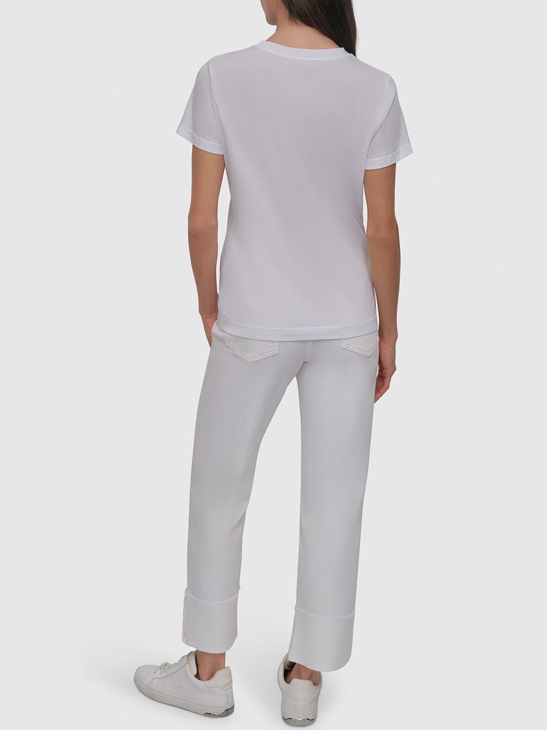 DKNY Women White Embellished Round Neck TShirt