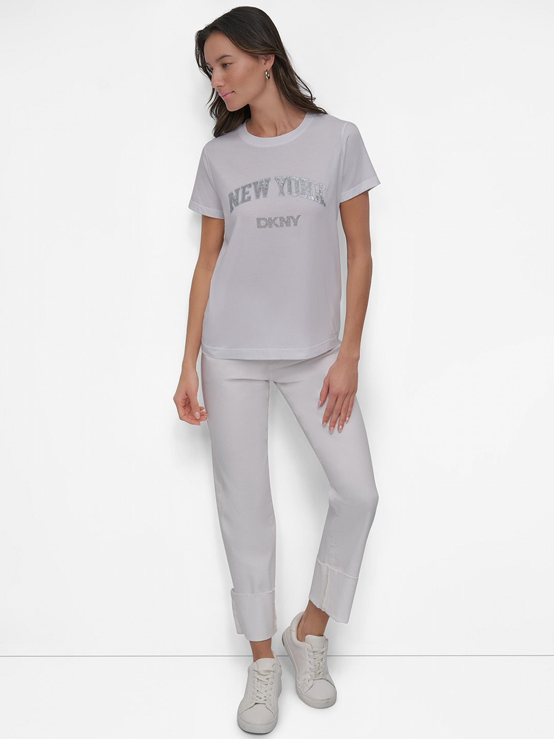 DKNY Women White Embellished Round Neck TShirt