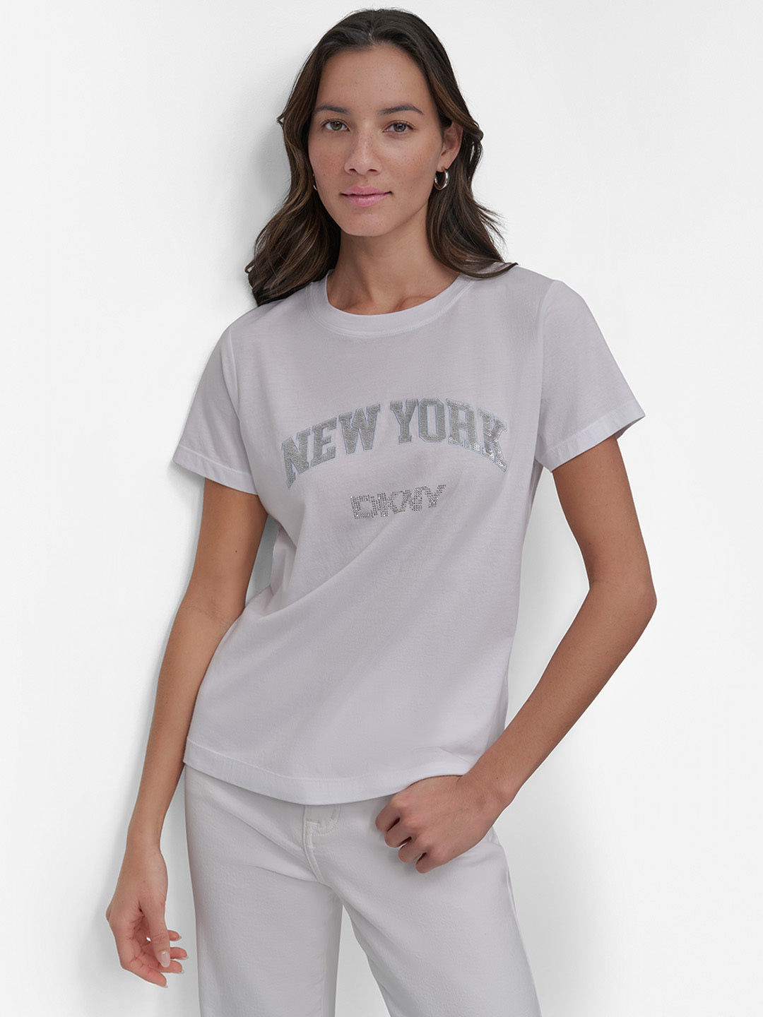 DKNY Women White Embellished Round Neck TShirt