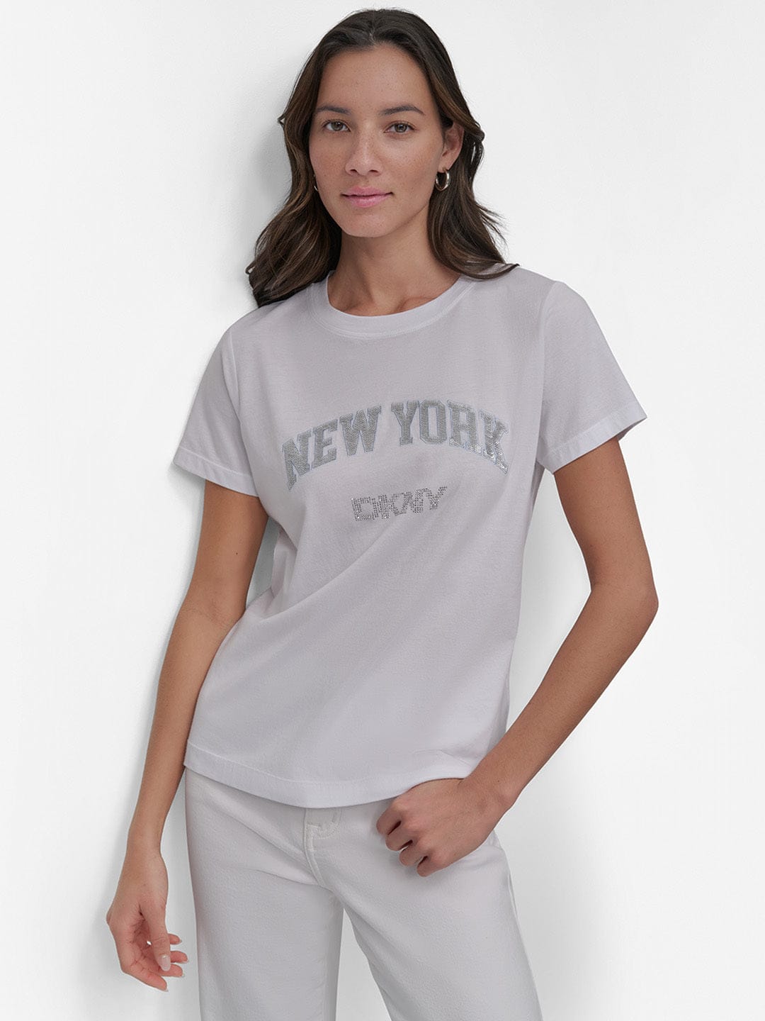 DKNY Women White Embellished Round Neck TShirt