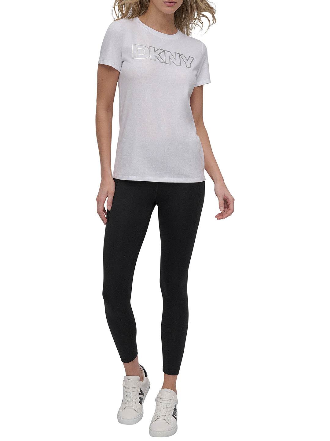DKNY Women White Solid Round Neck Tshirt
