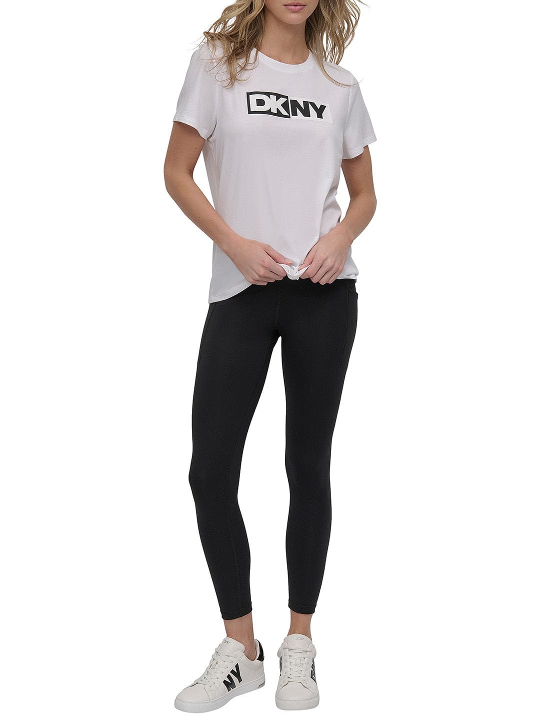 DKNY Women White Solid Round Neck TShirt