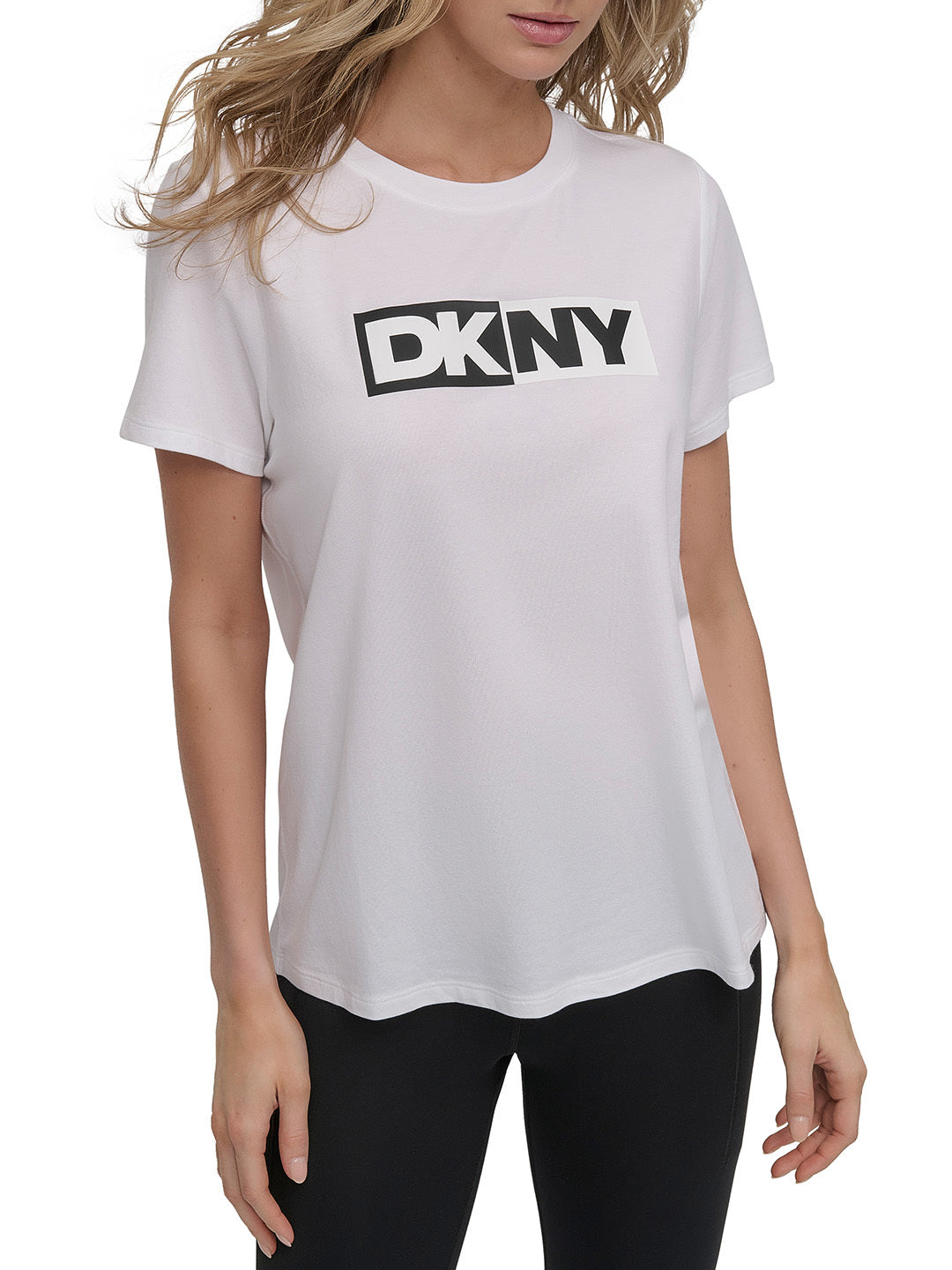 DKNY Women White Solid Round Neck TShirt