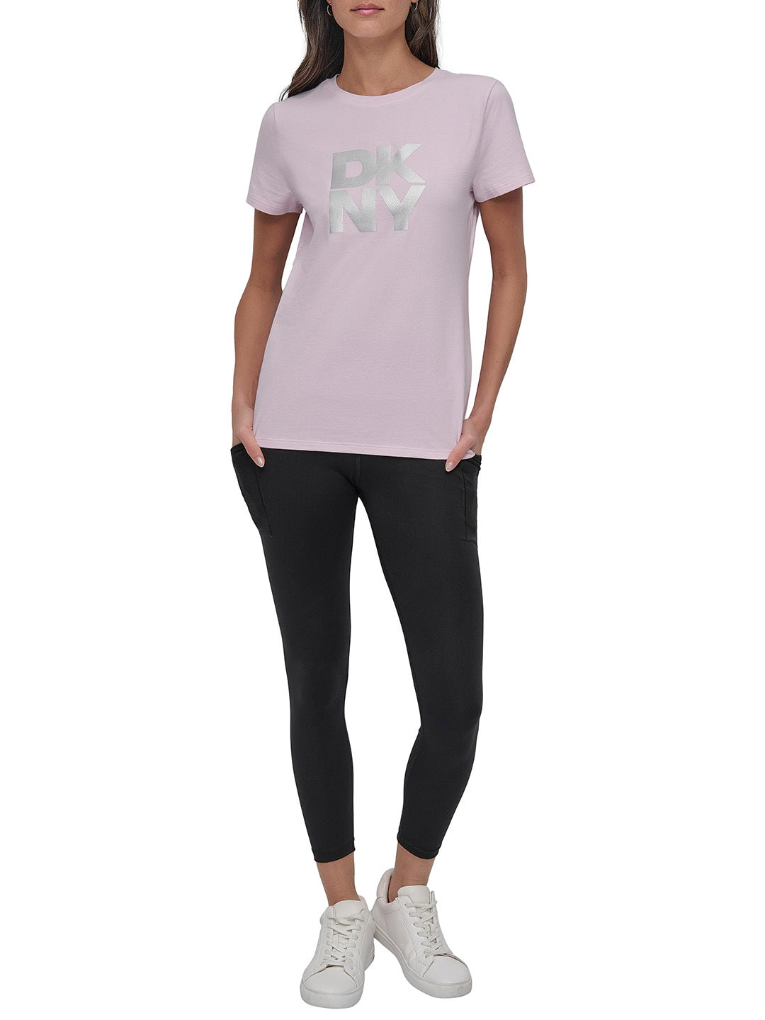 DKNY Logo Printed Women Pink Solid Round Neck TShirt