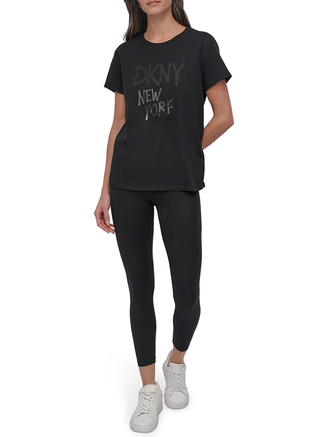 DKNY Women Black Solid Round Neck Tshirt
