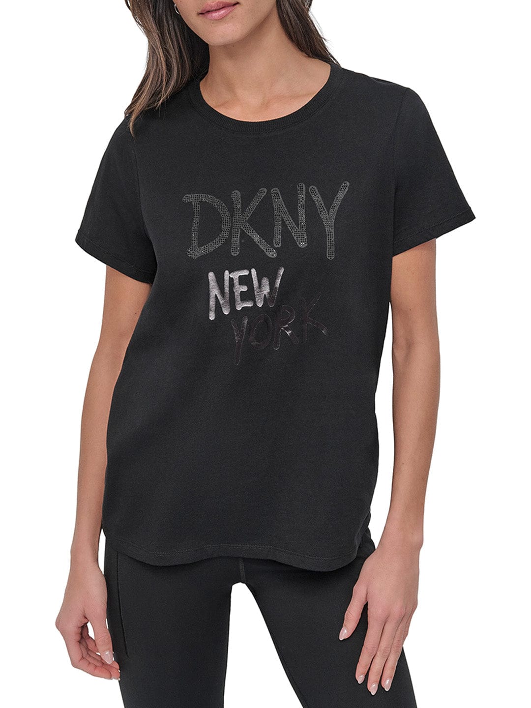 DKNY Women Black Solid Round Neck Tshirt