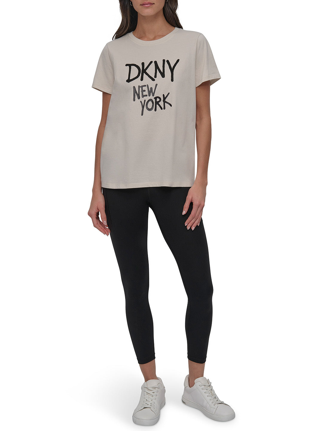DKNY Women Beige Solid Round Neck TShirt