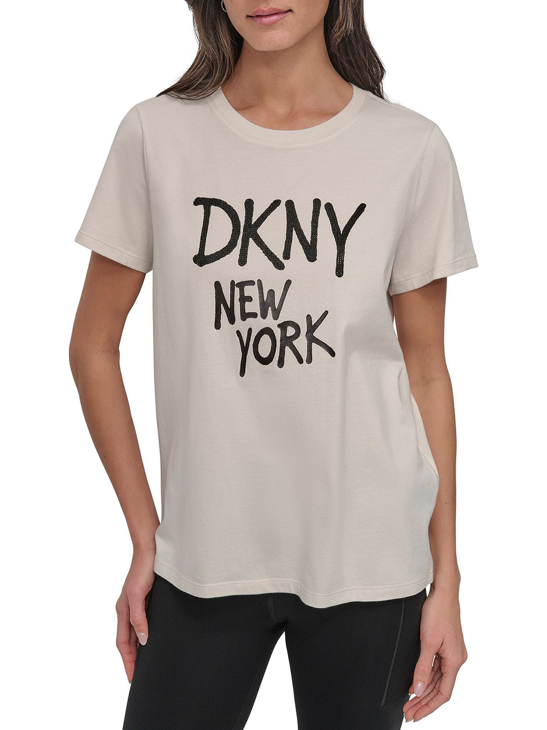 DKNY Women Beige Solid Round Neck TShirt