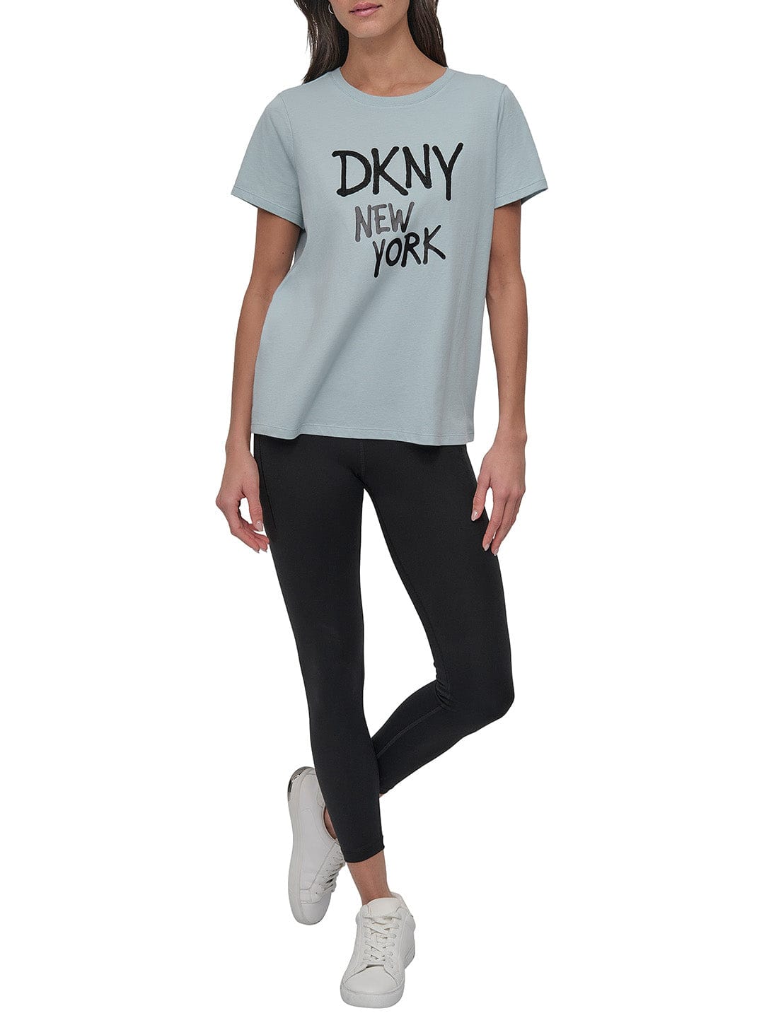 DKNY Women Green Solid Round Neck Tshirt
