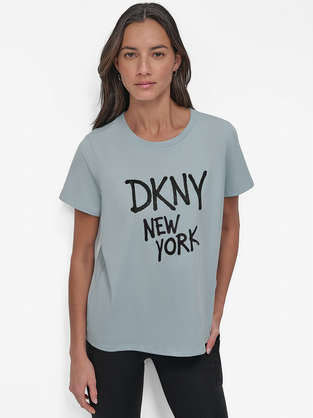 DKNY Women Green Solid Round Neck Tshirt