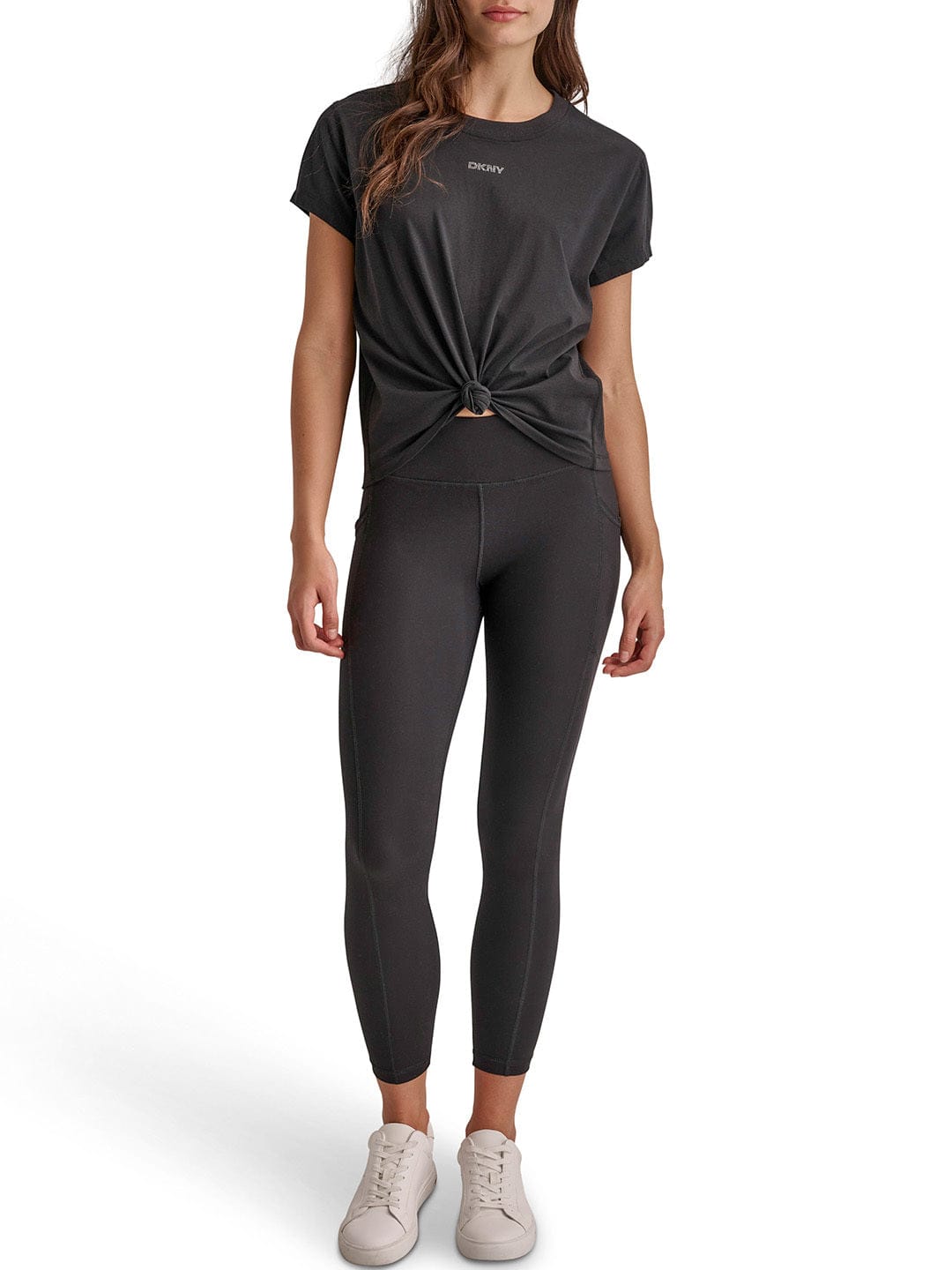 DKNY Women Black Solid Round Neck TShirt