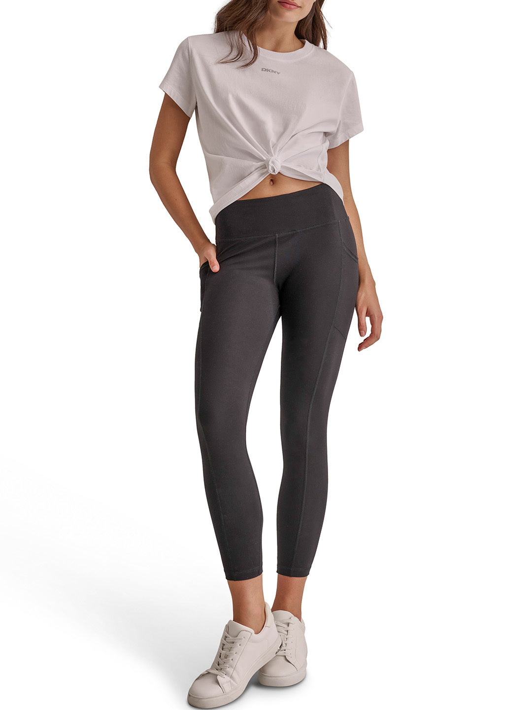 DKNY Women White Solid Round Neck TShirt