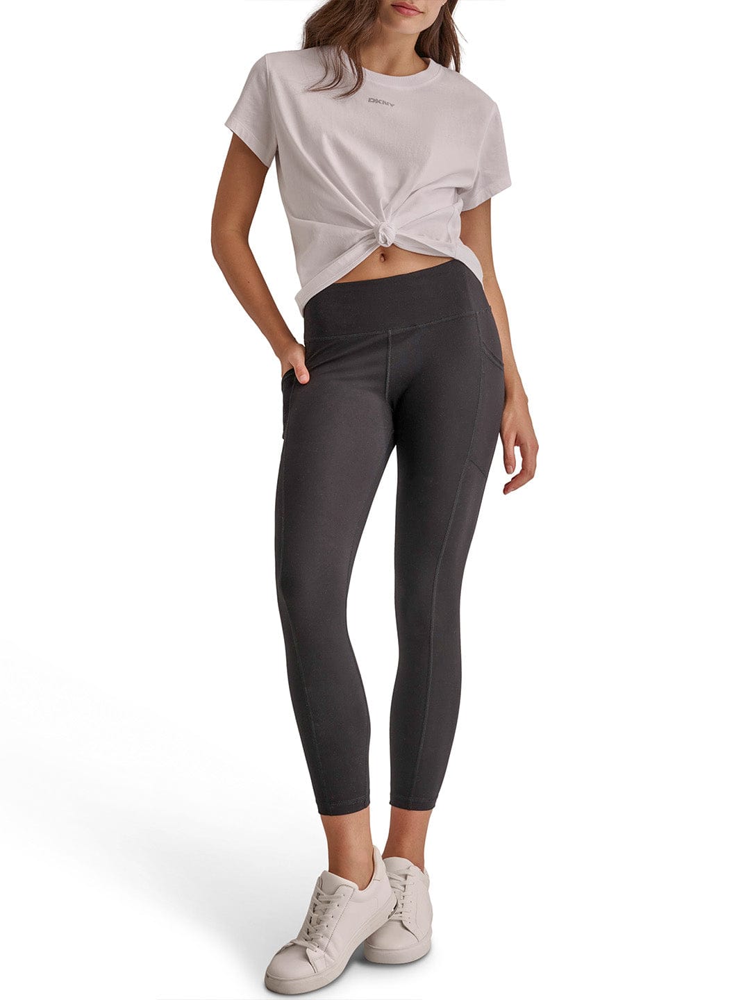 DKNY Women White Solid Round Neck Tshirt