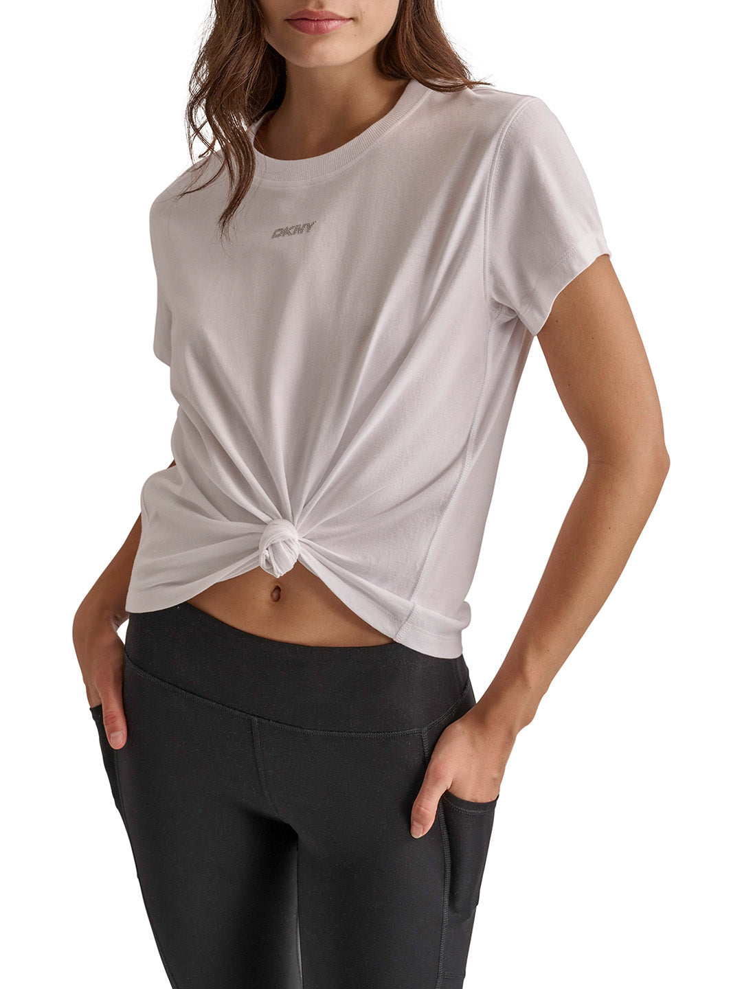 DKNY Women White Solid Round Neck TShirt