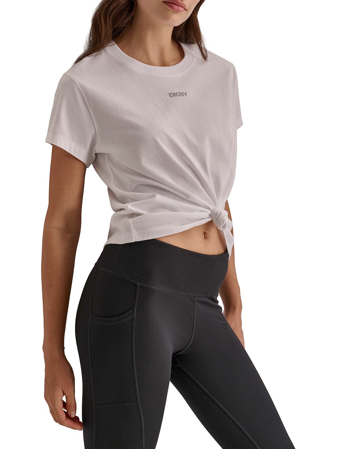 DKNY Women White Solid Round Neck TShirt