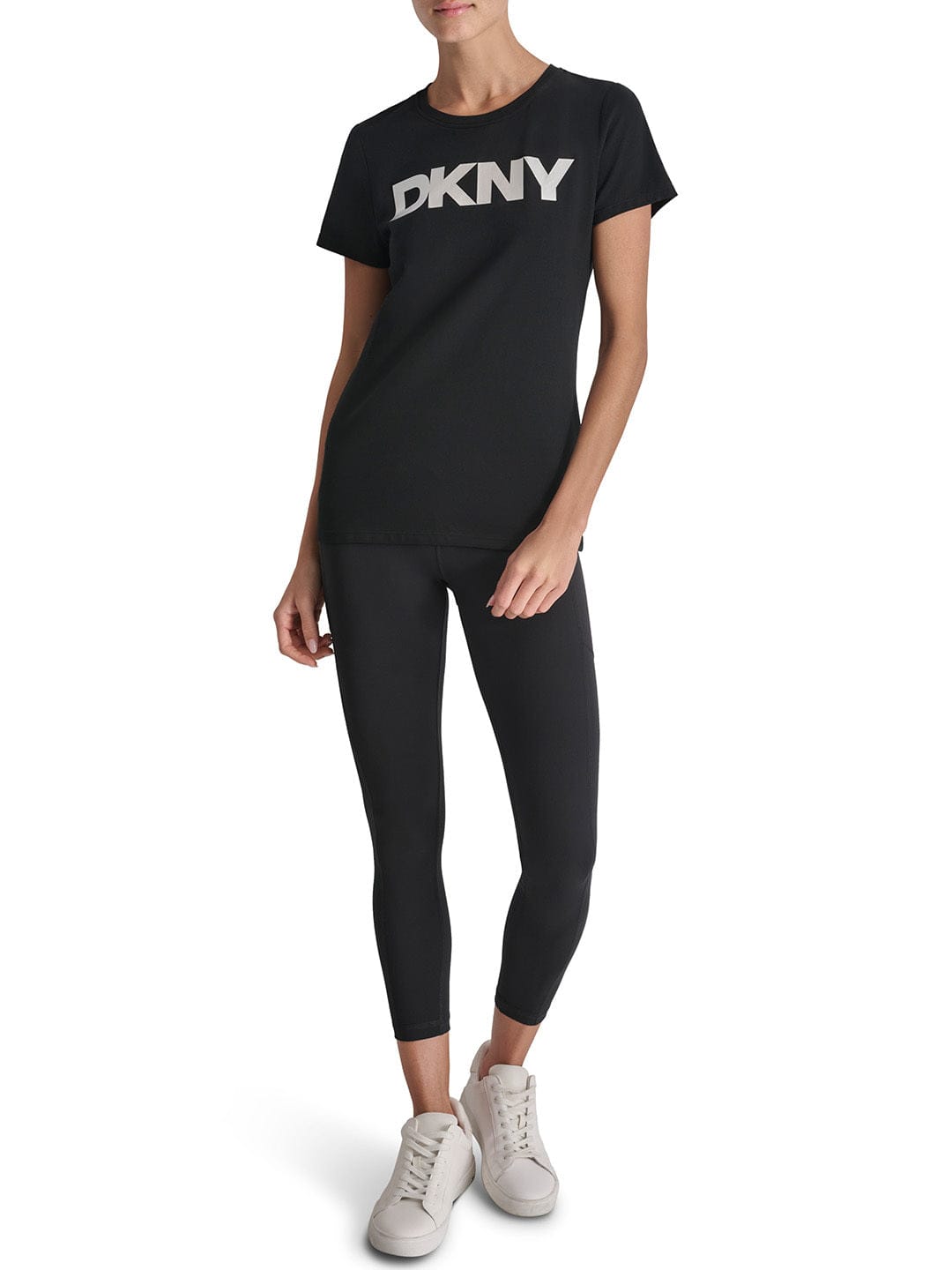 DKNY Women Black Solid Round Neck TShirt