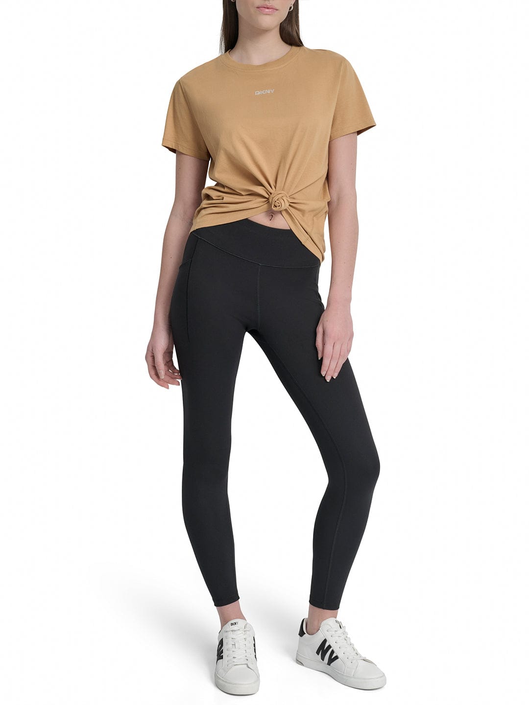 DKNY Women Brown Solid Round Neck Tshirt