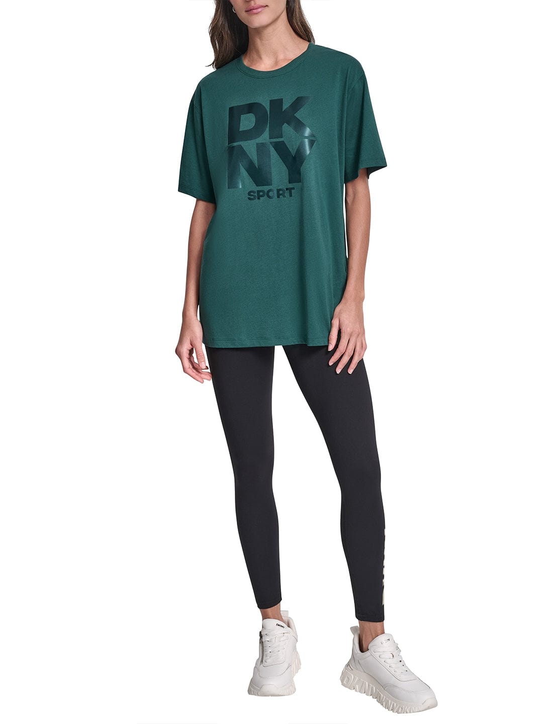 DKNY Women Green Solid Round Neck Tshirt