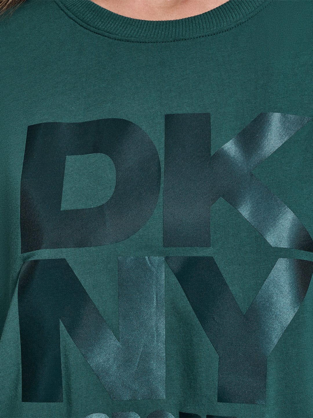 DKNY Women Green Solid Round Neck Tshirt