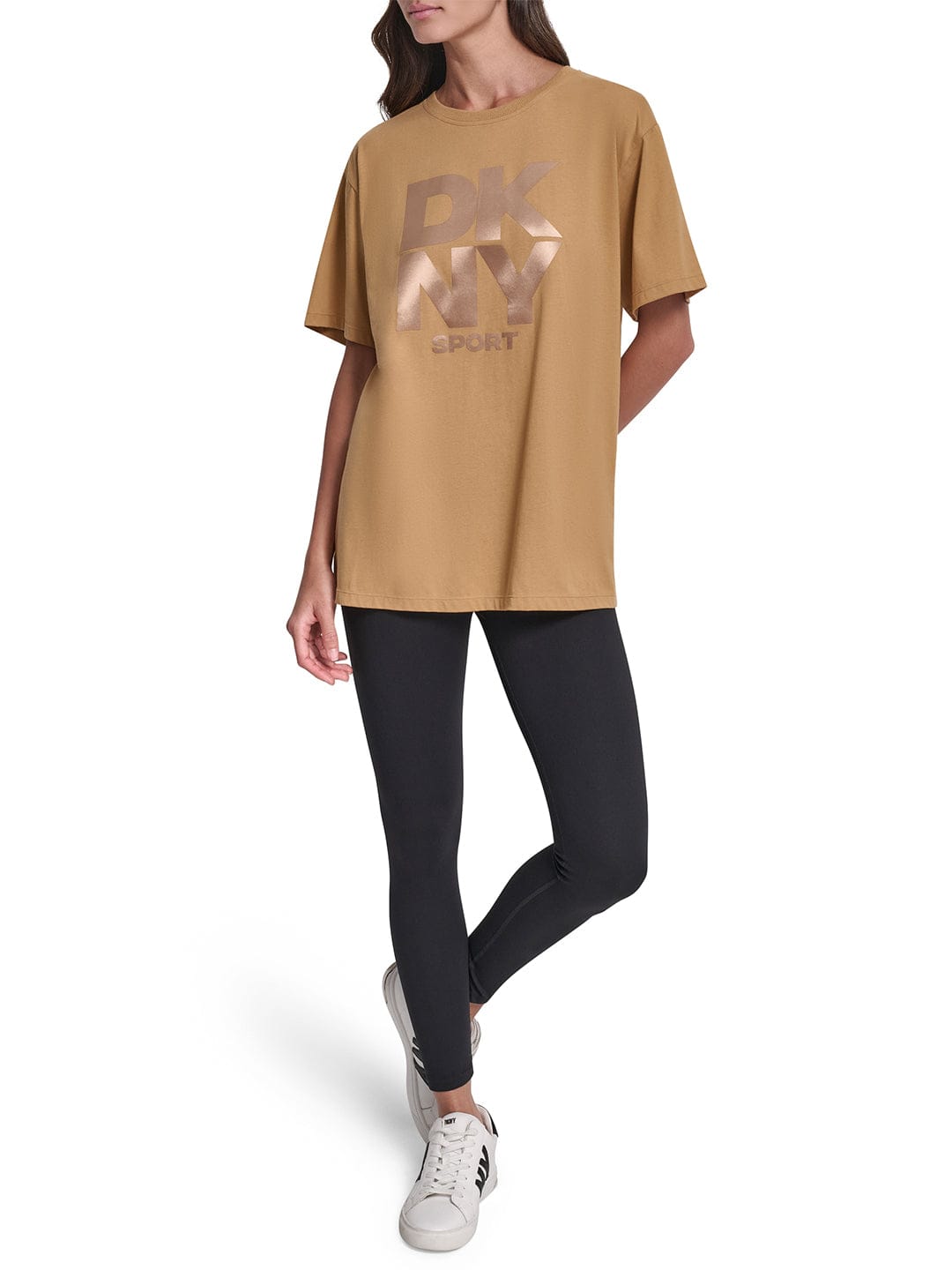 DKNY Women Brown Solid Round Neck Tshirt