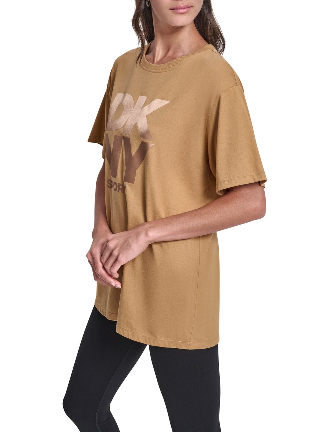 DKNY Women Brown Solid Round Neck Tshirt