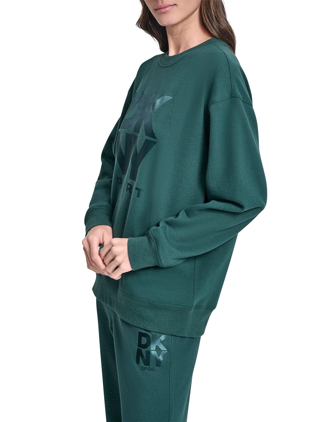 DKNY Women Green Solid Round Neck Sweatshirt