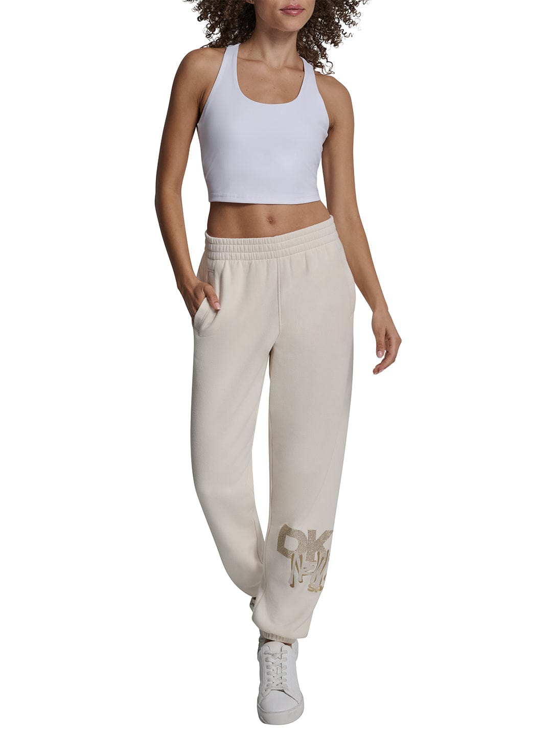 DKNY Women Cream Jogger Placement Print Sweatpant