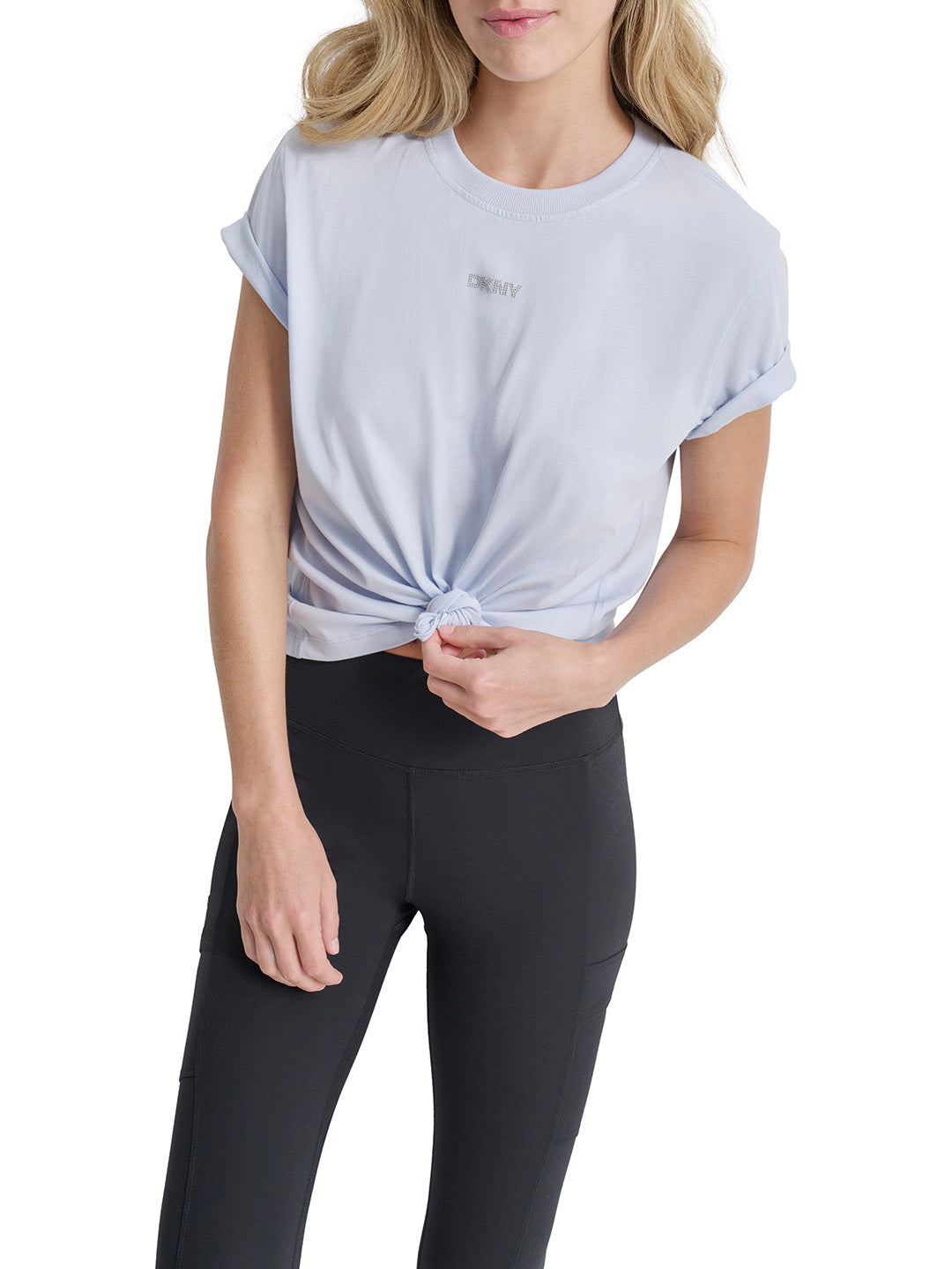 DKNY Women Blue Solid Round Neck Tshirt