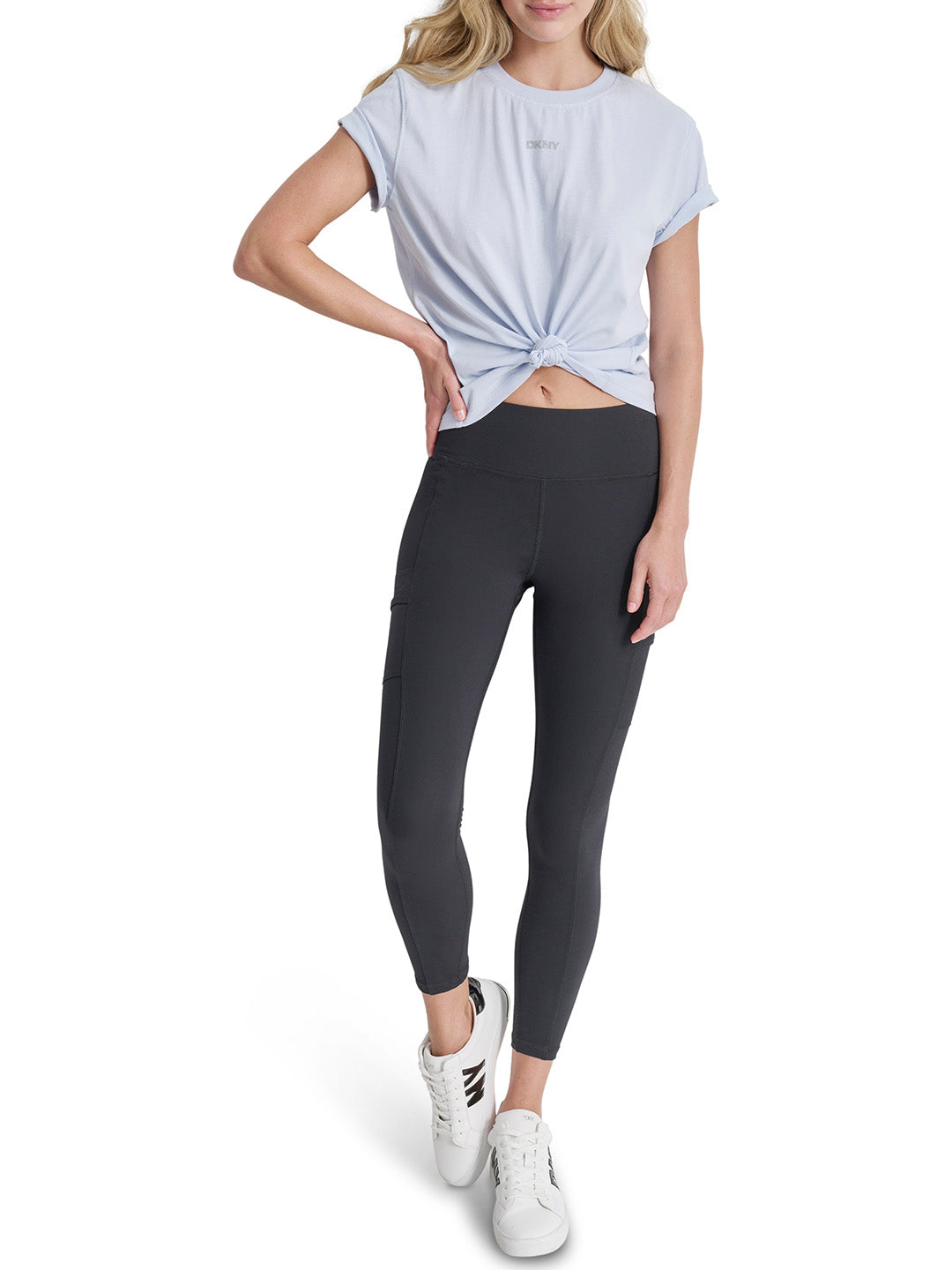 DKNY Women Blue Solid Round Neck Tshirt