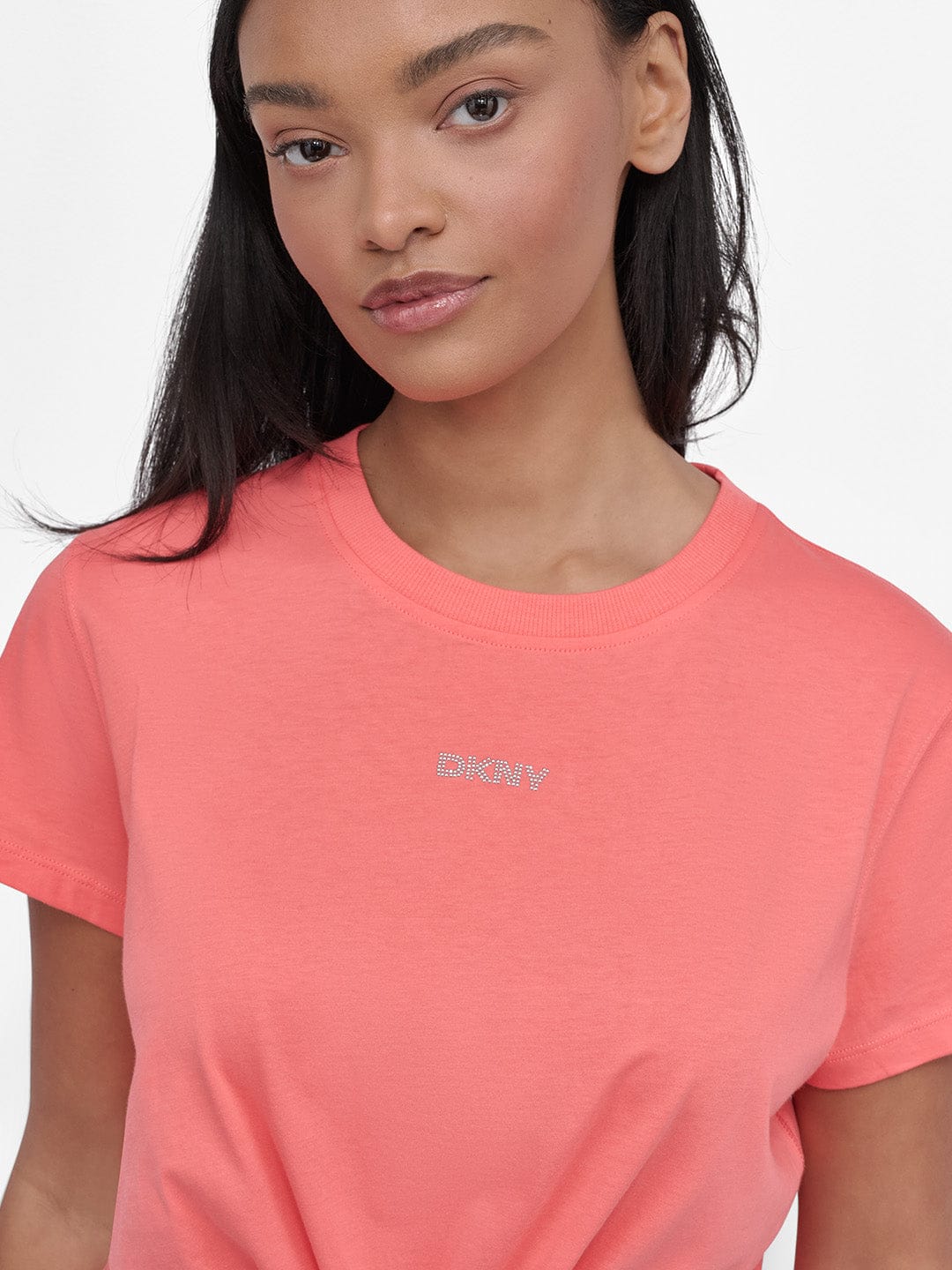 DKNY Women Orange Solid Round Neck Tshirt