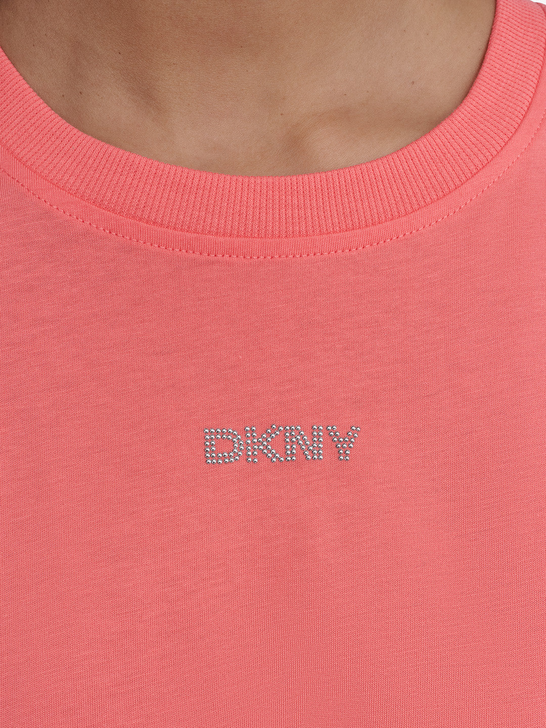 DKNY Women Orange Solid Round Neck Tshirt