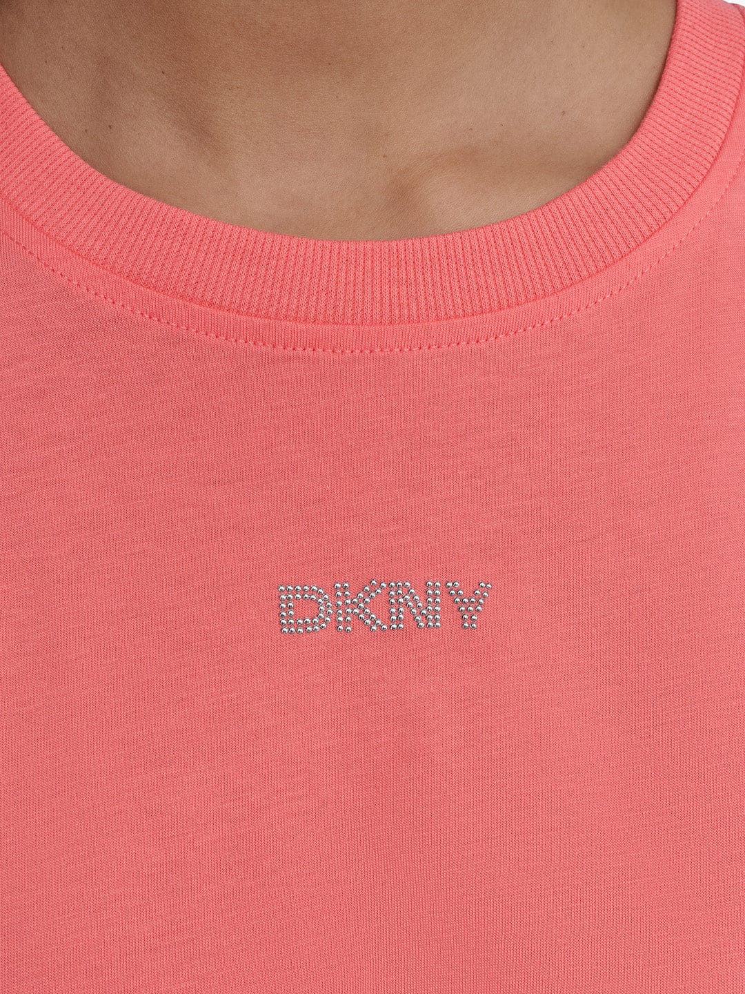DKNY Women Orange Solid Round Neck Tshirt