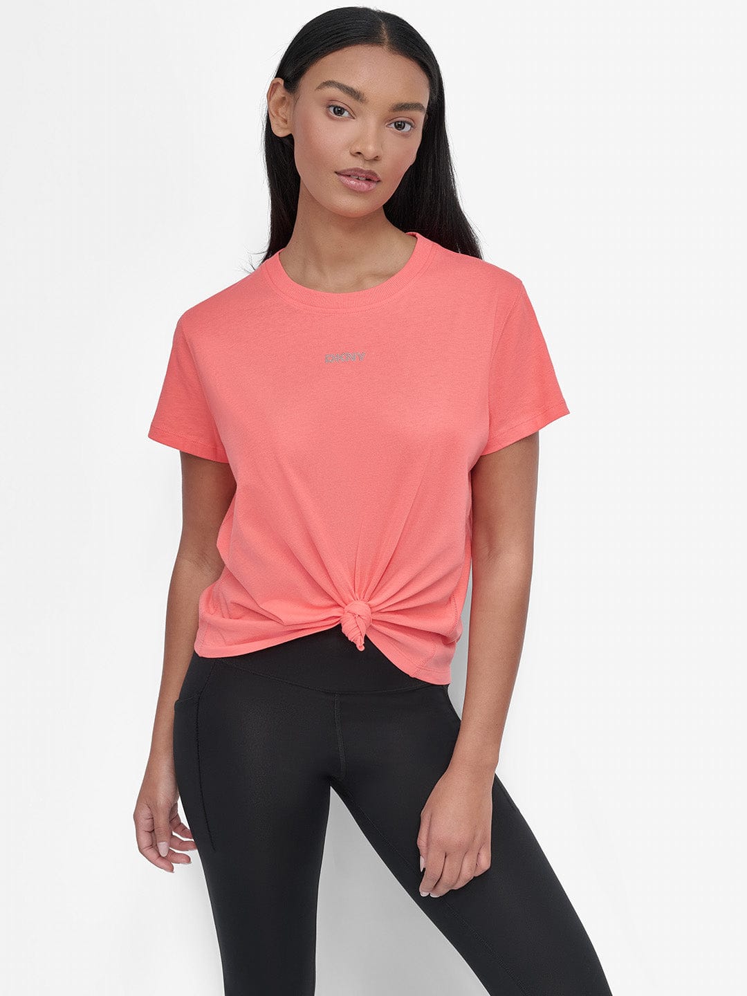 DKNY Women Orange Solid Round Neck Tshirt